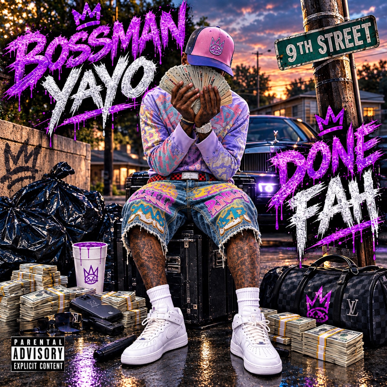 Official cover art for Bossman Yayo's single 'Done Fah' — Bossman Yayo seated on a street corner holding a fan of cash, purple graffiti lettering