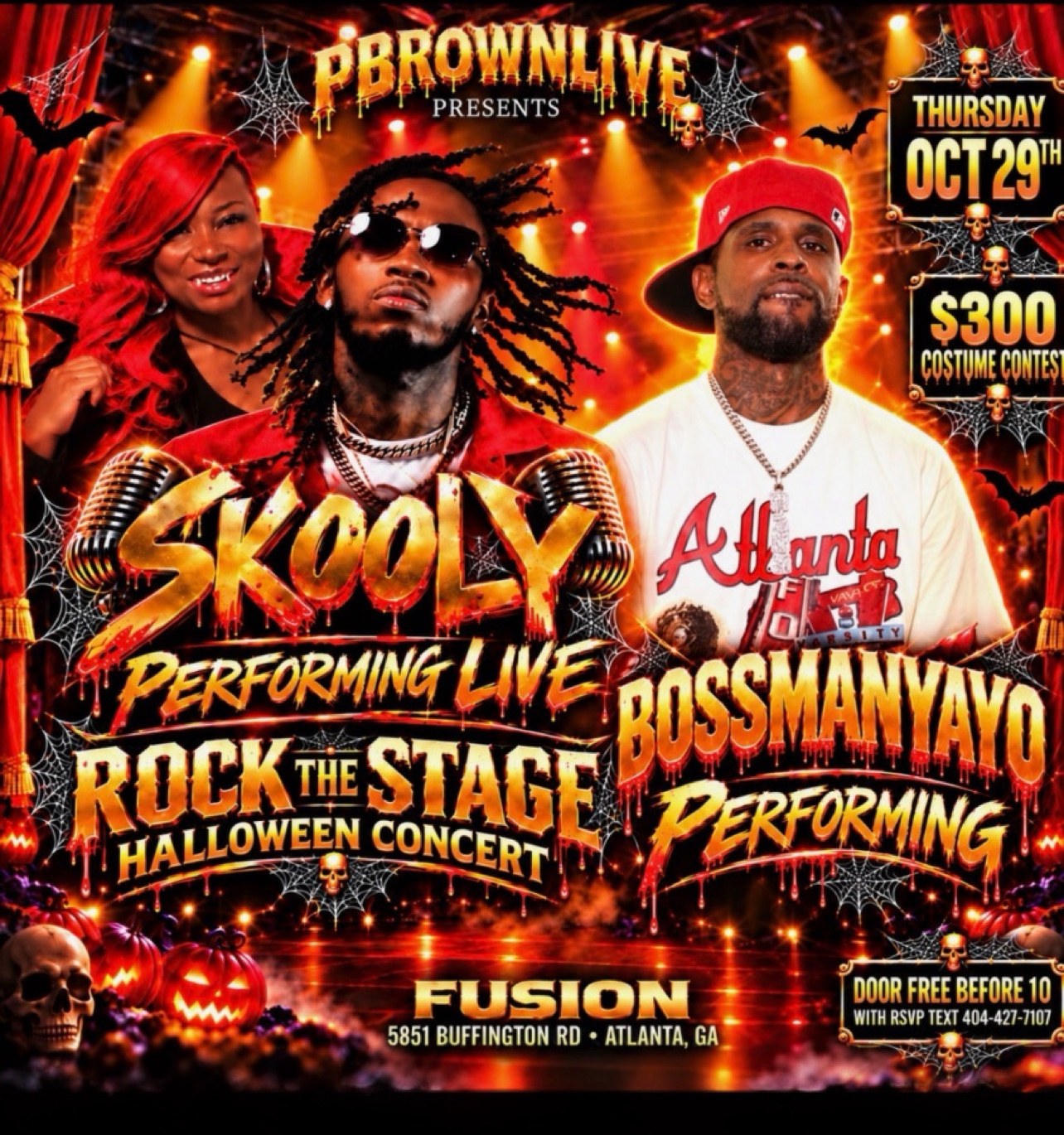 Rock the Stage Halloween Concert flyer — Bossman Yayo performing live with Skooly, Thursday October 29, 2026 at Fusion, 5851 Buffington Rd, Atlanta, GA